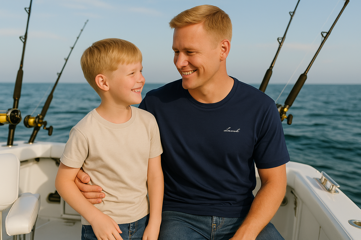 Father and son on fishing boat